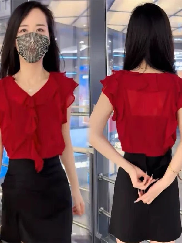 

Faionable Sweet ort Sve V-Ne Women's Blouse Summer 2025 Ele Slimming Gathered Hemline Commute Sle Loose Fit
