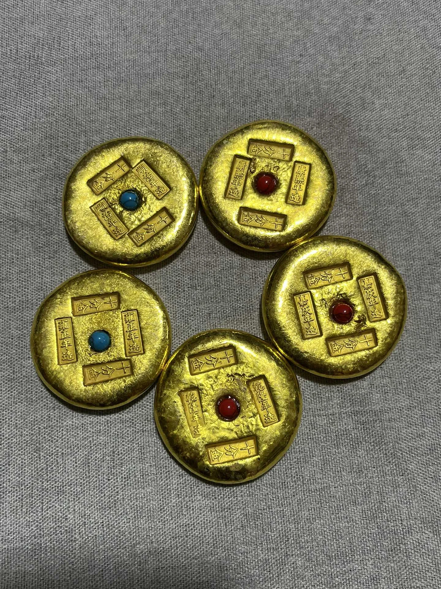 Featured Collectibles Pure Copper Gold-plated Little Five Emperors Inlaid Gemstones Home Crafts Antique Bronze Decorative