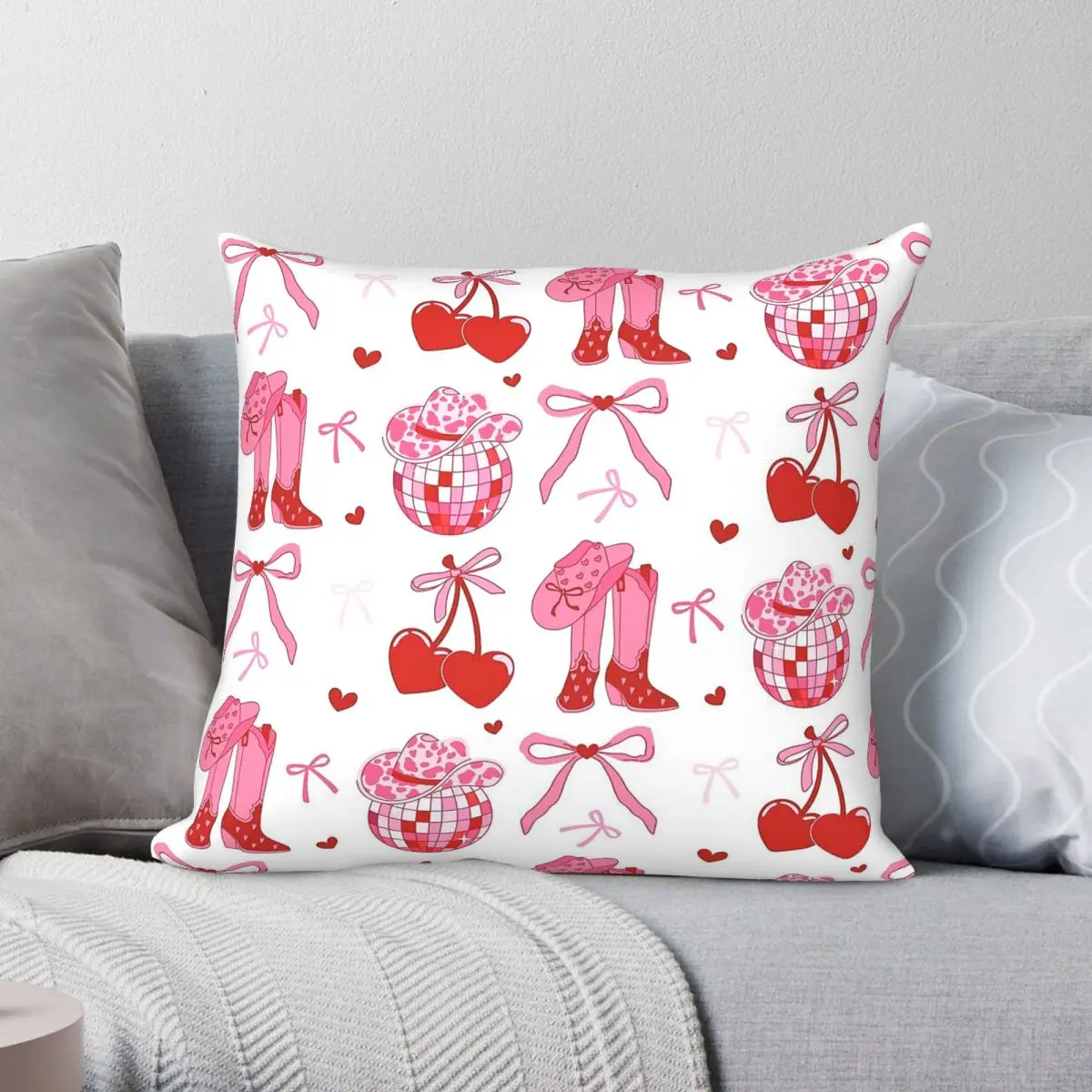 Disco Cowgirl Pack Boot Cherry Bows Square Pillowcase Polyester Linen Velvet Pattern Zip Decor Pillow Sofa Seater Cushion Cover