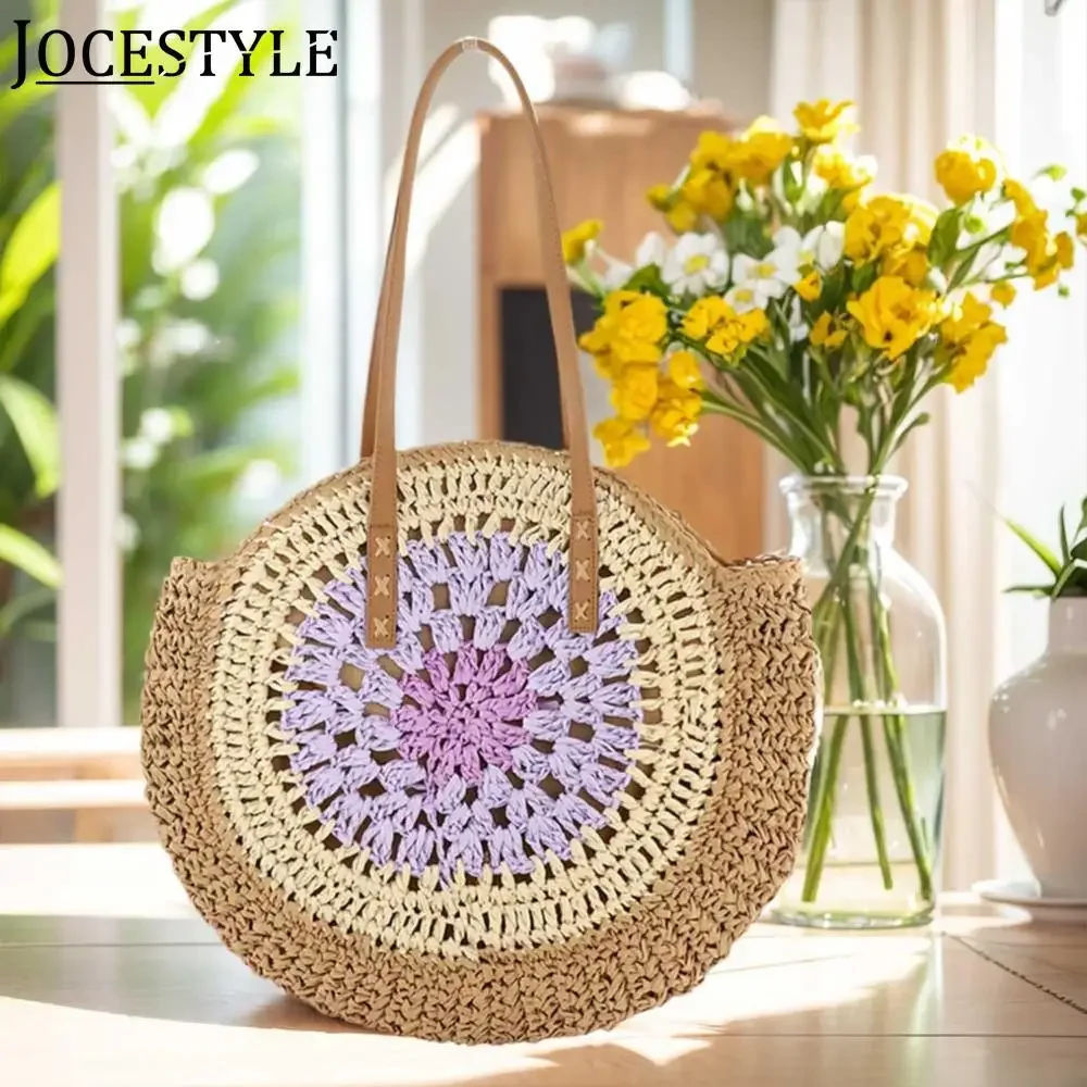 

Round Casual Tote Bag with Color Collision Vacation Bag Trendy Large Woven Beach Bag Holiday Travel Handbag for Women and Girls