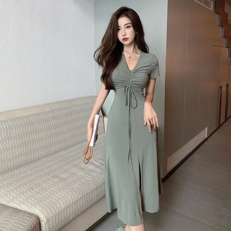 Summer French Knee Length Skirt with Waistband and Ankle Slit Light and Mature Style V-neck Drawstring Ruffle Edge Dress