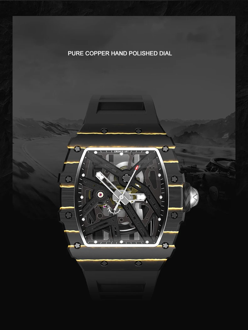 CRONUSART Men Automatic Watch Luxury Tonneau Mechanical Wristwatch Carbon Fibre Case Luminous Fluororubber Strap Skeleton Dial image 5