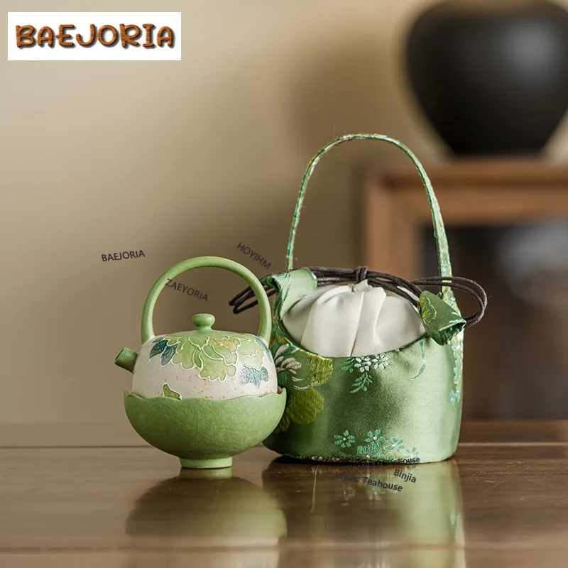 BAEJORIA Hand Painted Peony Travel Tea Set Kit Handmade 1 Pot 1 Cups Tea Maker Organizer Portable Picnic Handbag Craft Ornaments