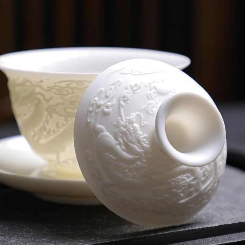 White Porcelain Relief Dragon Phoenix Auspicious Cloud Pattern Sancai Gaiwan Tea Tureen Kungfu Tea Infuser Bowl Kitchen Teaware