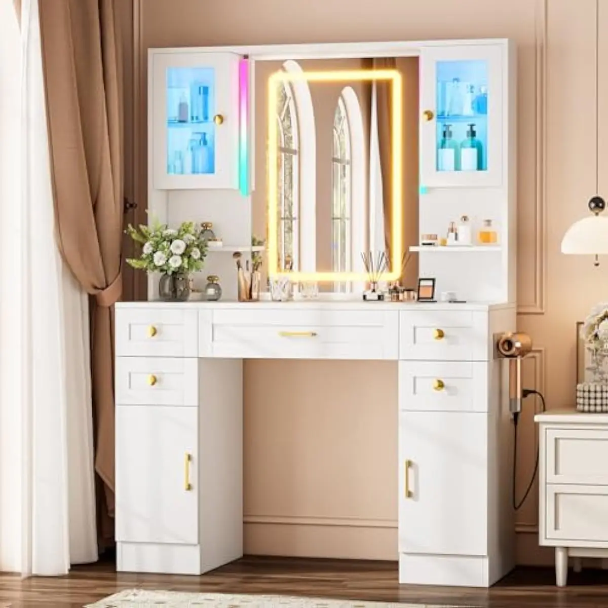 Vanity Desk with RGB Lighting System App-Controlled Cabinets Adjustable Shelves Dual AC Outlets Dual USB Ports Hair Dryer Holder
