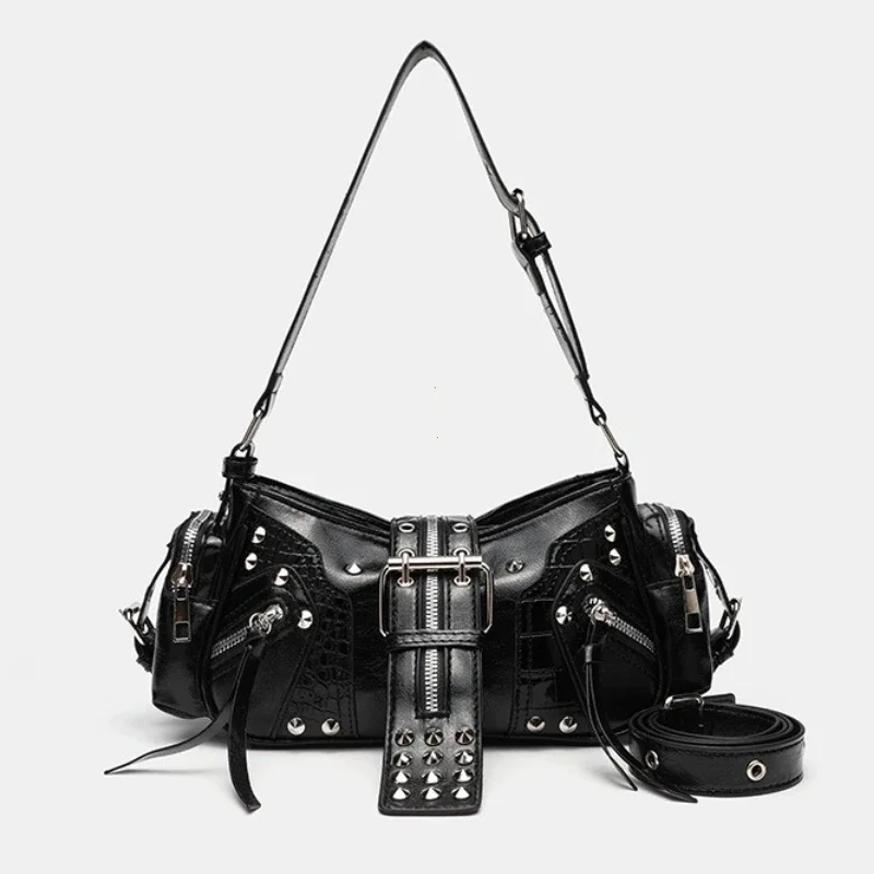 Women Y2K Gothic Punk Motorcycle Bag PU Leather Black Spiked Rivet Shoulder Crossbody Purse with Removable Long Strap Streetwear