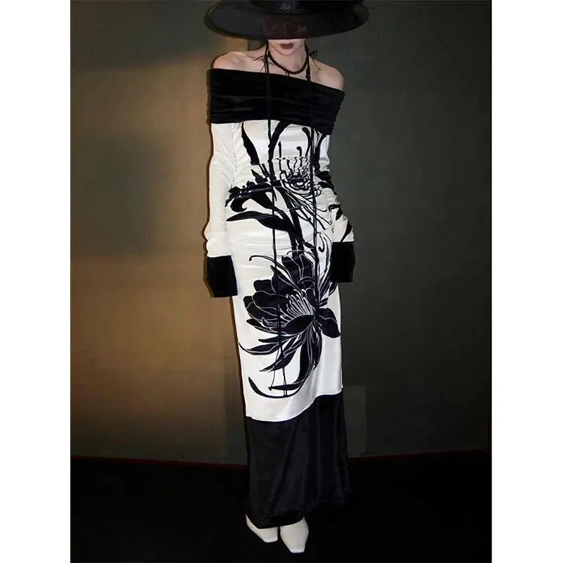 

Удобная тканевая юбка-миди с китайским растительным принтом, осенне-зимняя, винтажная, на одно плечо, с длинным рукавом