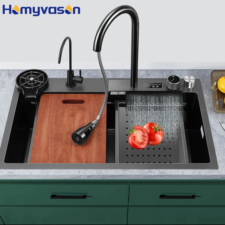 

Topmount Commercial Kitchen Sink Smart Black Stainless Steel Single Bowl with Cup Washer Nano Surface Undermount Installation