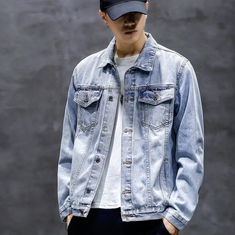 

Denim Jacket Mens Embroidery Breaking Holes Fashion Coat Blue Autumn Long Sleeves Slim Single Breasted Washed Top Men Large Size