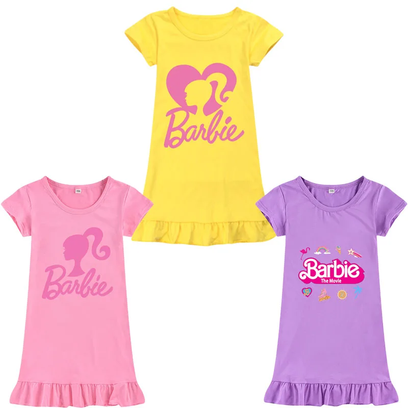 Girls Pajama Skirt Barbie Cartoon Sweet Cute Children Summer Home Clothing Ice Silk Short Sleeve Dress Nightwear Dresses