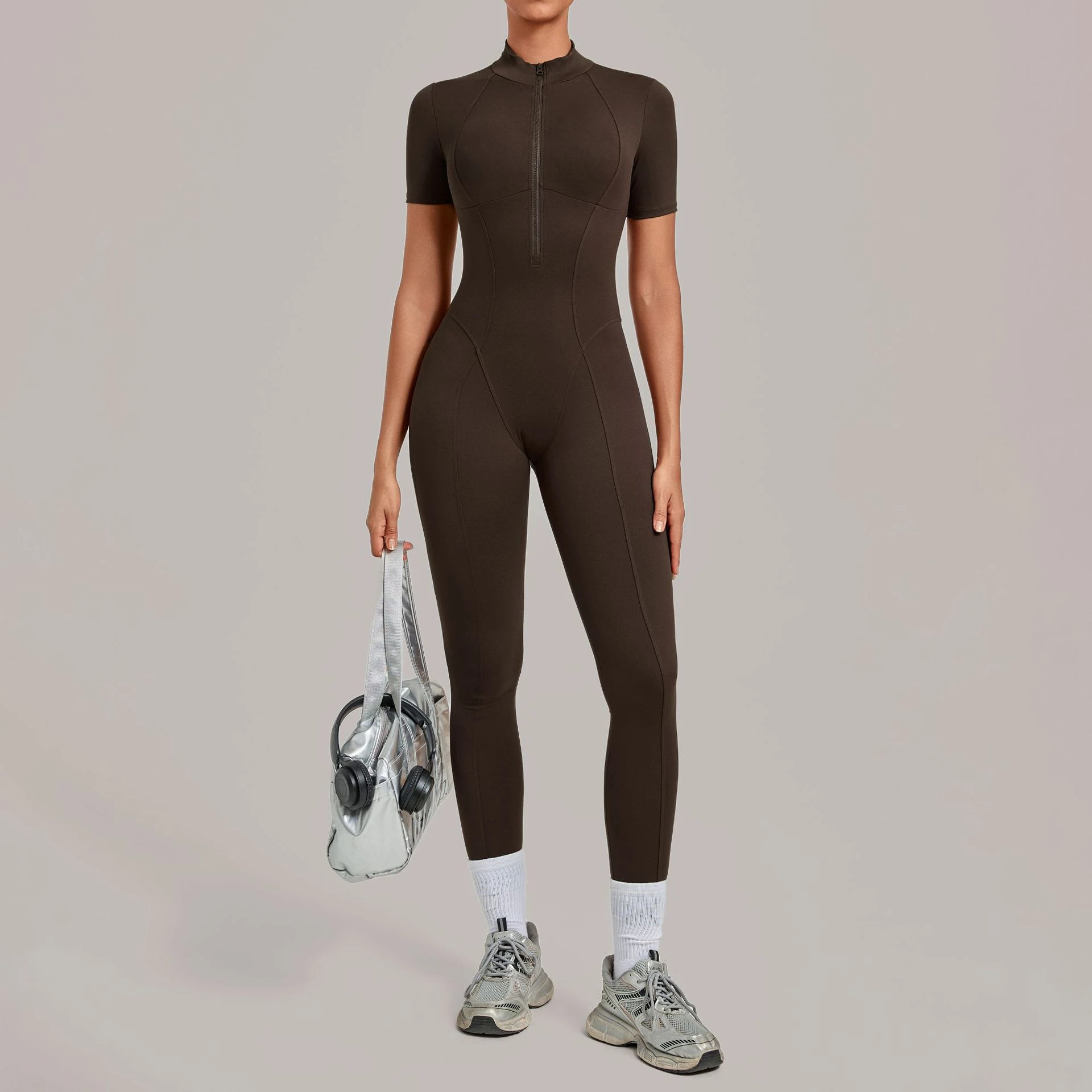 Half Zip Short Sleeve Sport Fitness Jumpsuit Women's Tracksuits Yoga Set Bodysuits Sportswear Female Workout Tight Fitting Suits