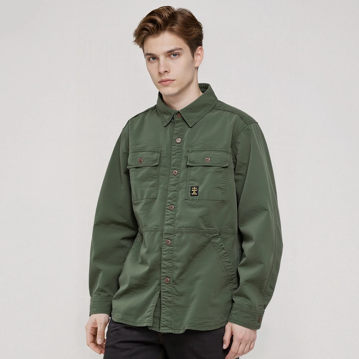 Men's Multi-pocket Loose Casual Shirt Trendy Fashion Top with Long Sleeves Versatile Work Jacket Green Khaki BL829-1