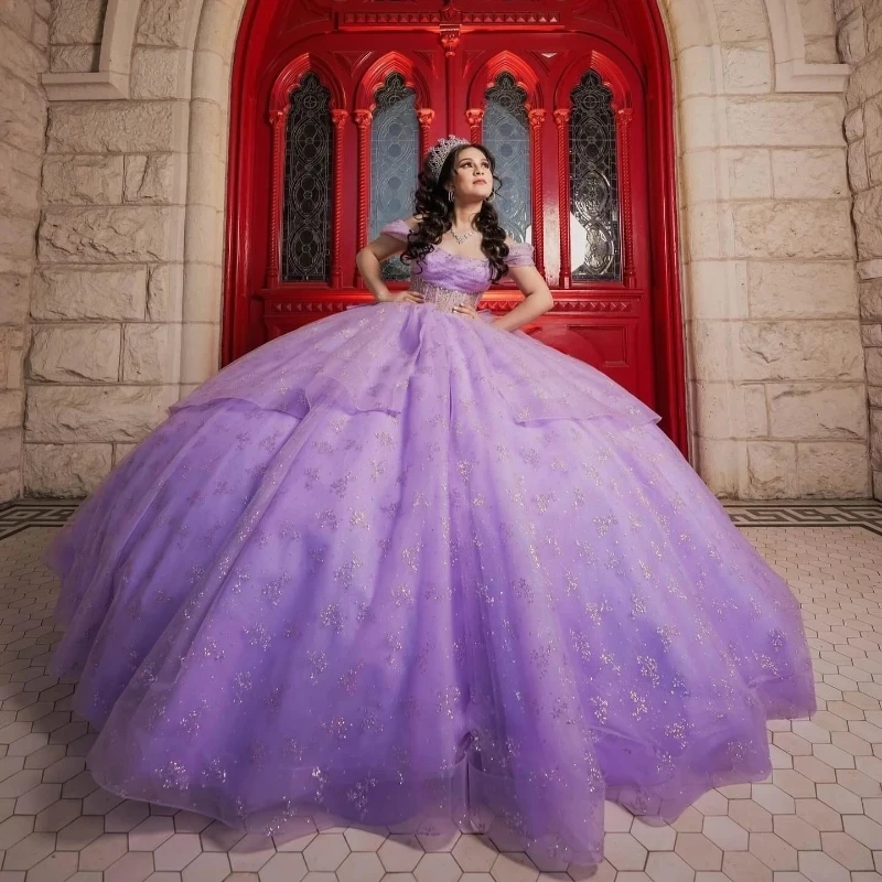 

Lavender Shiny Quinceanera Dresses Sparkly Luxury Sequins Beads Sweet 16 Year Vestidos De 15 Anos Birthday Party Gown