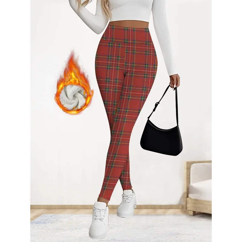 المرأة المطبوعة منقوشة عالية الخصر جيب 7/8 طماق صوف مبطن السراويل اليوغا الدافئة اللياقة البدنية تجريب بناطيل كاجوال حجم كبير الخريف #5