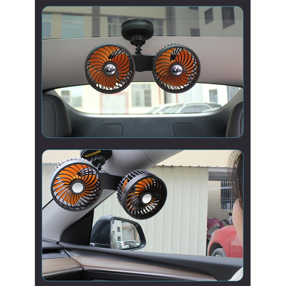 12V 24V Car Fan with Suction Cup Mount Dual Head Design for Vehicle Interior Cooling Portable Car Charger Powered Fan
