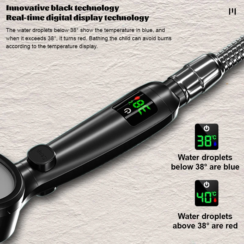 High Pressure New Temperature Digital LED Display Shower Head 4 Model Adjustable Water Saving Handheld SprayOne-keyStop Bathroom