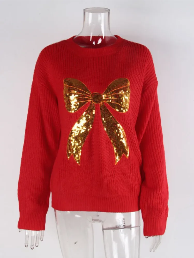 Nuevo Otoño Invierno Casual mujer lentejuelas arco suéter de punto de manga larga, Vintage Y2k Jersey Tops, trajes de fiesta y vacaciones