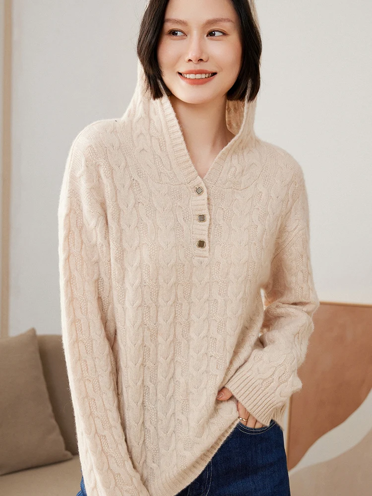 المرأة الكشمير هوديي الخيوط سترة 100% سترة كشميرية طويلة الأكمام عادية تريكو الخريف الشتاء سميكة متماسكة مقنعين