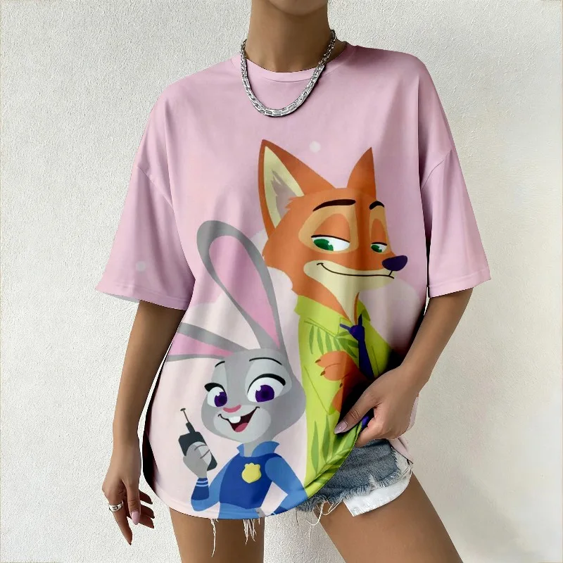 جديد Zootopia Judy & Nick طباعة المرأة العلامة التجارية Y2K المتضخم تي شيرت الصيف موضة الشارع الشهير فضفاض المحملة المرأة التصميم العصري #1