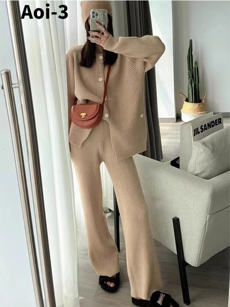 Fashion Commuter Knitted Suit Women 23 Autumn Winter New Button Long-Sleeved Sweater Cardiga+Casual Wide-Leg Pants Two-Piece Set