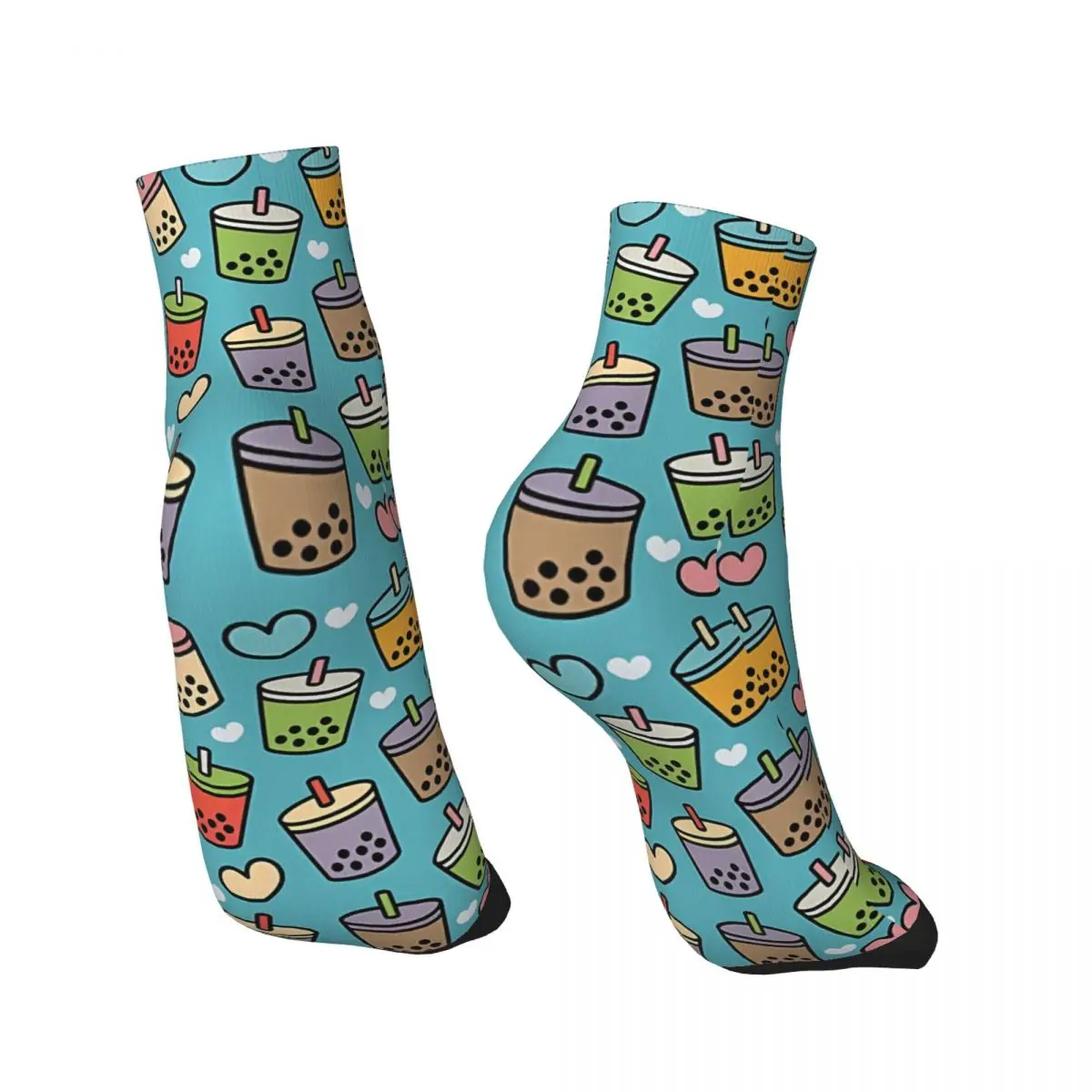 Funny Men's Ankle Socks Bubble Tea Flavors And Hearts Milk Tea Hip Hop Novelty Crew Sock Gift Pattern Printed