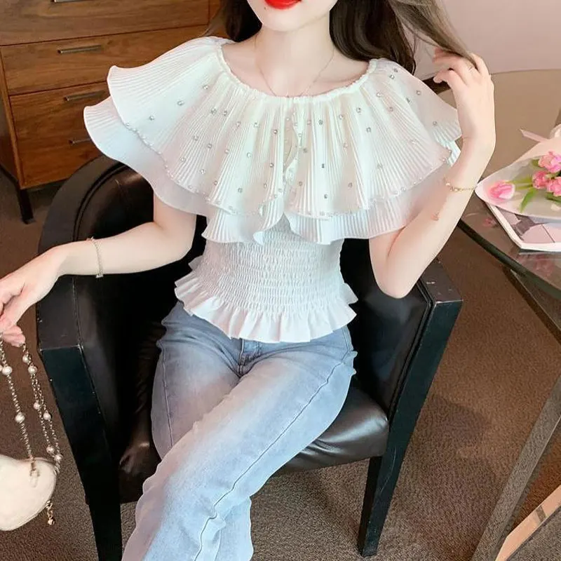 Sweet Ruffles Spliced Shirring Blouse Female Clothing Elegant Slash Neck Summer Beading Fashion Diamonds Basic Slim Short Shirt