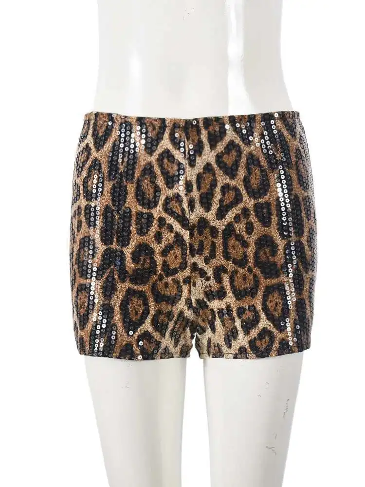 Sequined Pearl Women's Christmas New Product Leopard Print Elastic Shorts Streetwear Elastic Club Party Night Beach Shorts NGT5