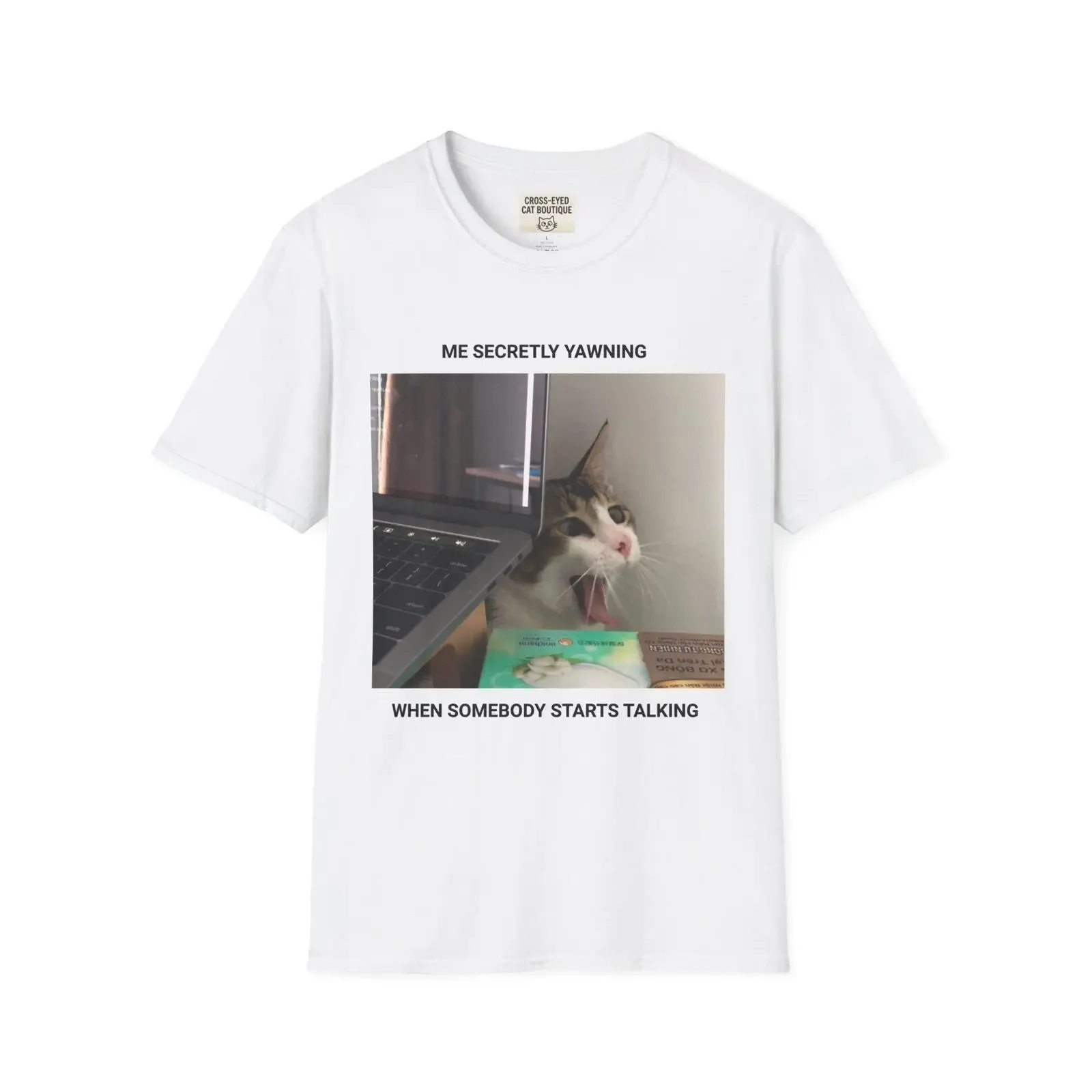 Cross Eyed Yawning Cat T Shirt Sleepy Illustration Understated Humor vintage Washed Comfortable Soft homme streetwear