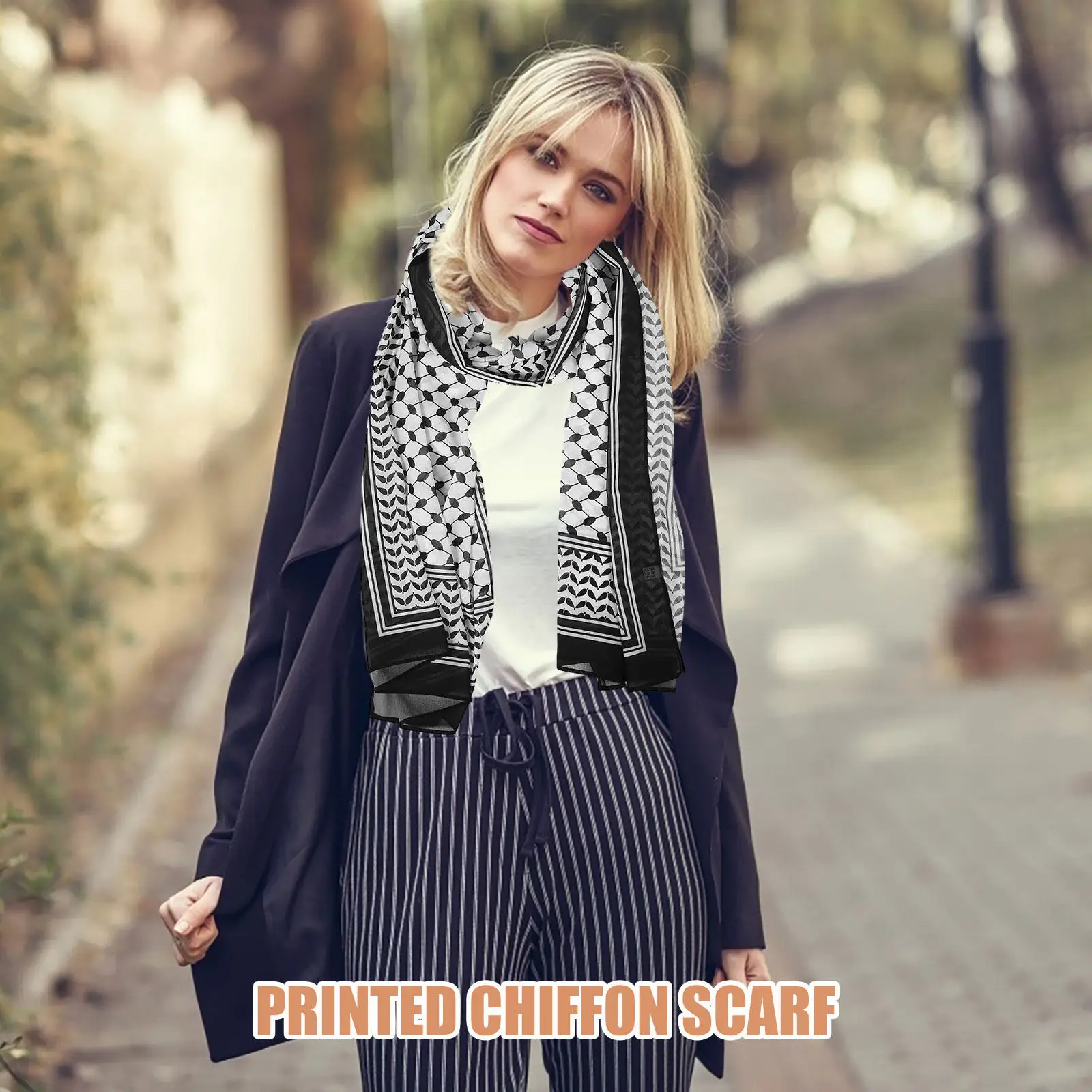 

Chiffon Headscarf with Unique Print Design Elegant Black White Scarf for Women Vintage Arab Neck Wrap for Cultural Events and
