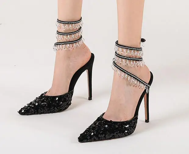 

Carpaton Sexy Pointed Toe Glitter Embellished High Heel Shoes Women Fashion Snake Wrap Tassels Pumps Rhinestones Sandals