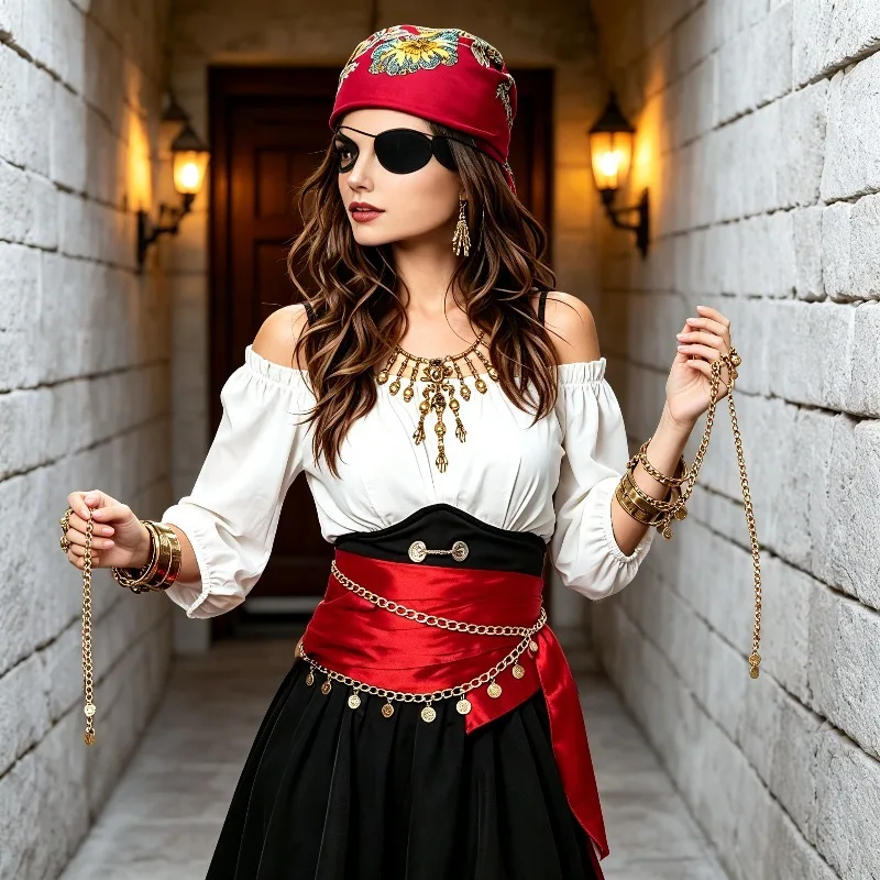 Pirate Dress Up Kit for Halloween Cosplay Carnival Stage with Adjustable Headwrap Wide Belt Skull Necklace and Eye Patch