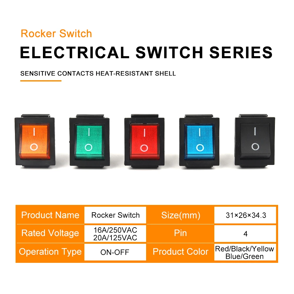 5PCS KCD4 16A/250VAC Rocker Switch With LED Light 4 Pin 2 Position ON/OFF Power Switches 31x26mm Electrical Equipment 20A/125VAC