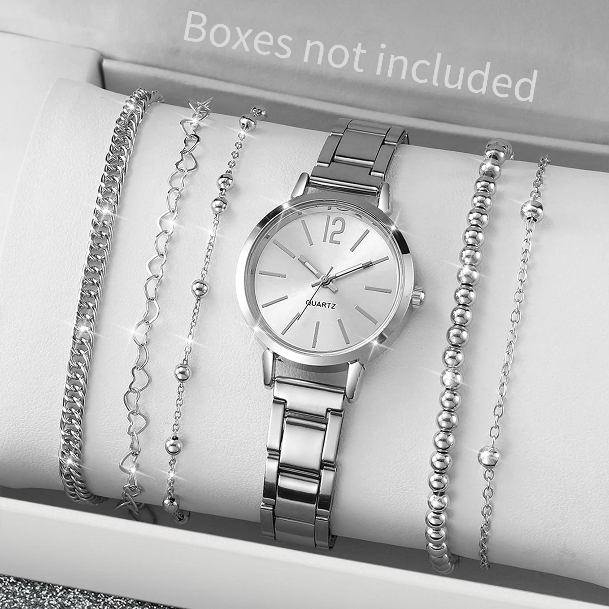 6pcs/ Set Fashion Women Silver Color Stainless Steel Band Quartz Analogue Watch & Bracelet Set