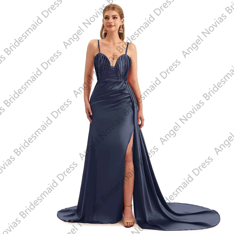

Navy Blue Customized Long Mermaid Bridesmaid Dresses with Split Wedding Guest Party Gowns vestido de madrinha de casamento