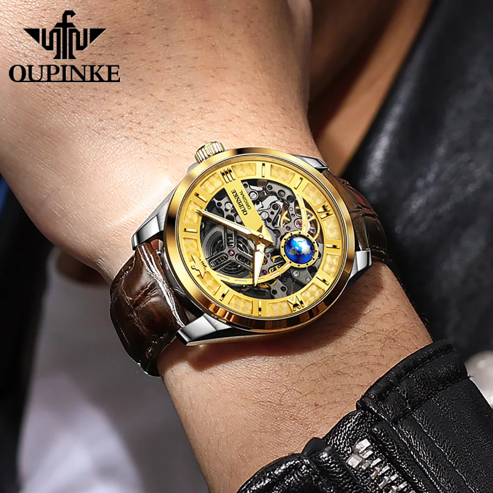 OUPINKE 3268 Swiss Certification Man Watch Fashion Hollowed Rotation Globe Seconds Hand Design Automatic Mechanical Men's Watch