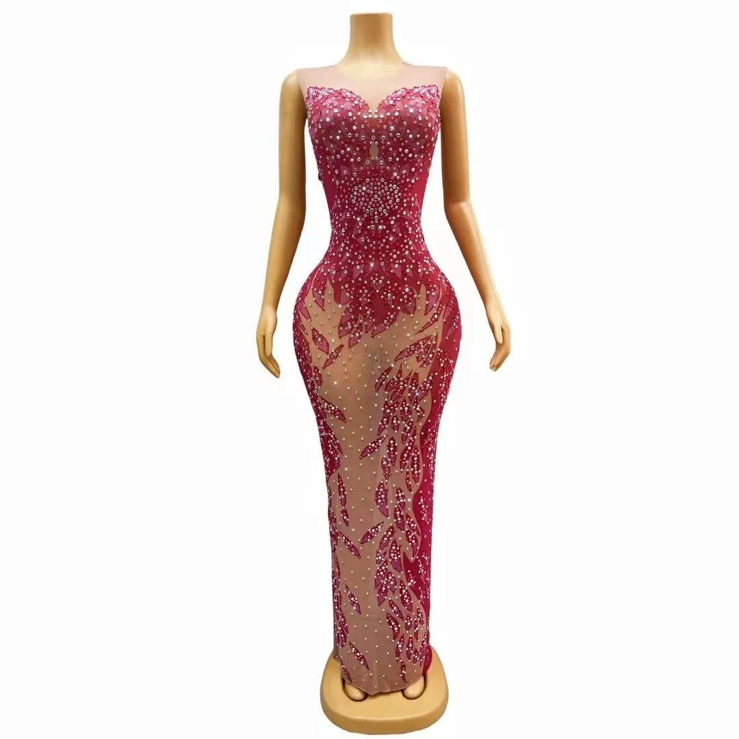 

Fashion Pink Rhinestones Nude TransparentSleeveless Long Dress Birthday CelebrateCrvstals Dance Costume Evening ianhua C242