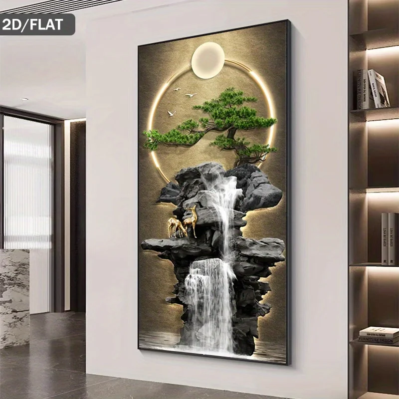 1 Stück rahmenloses Leinwandgemälde, großer moderner Leinwanddruck mit Wasserfallmotiv, ungerahmte asiatische Landschaftswandkunst mit Hirsch und Bonsai-Baum – Detail 2