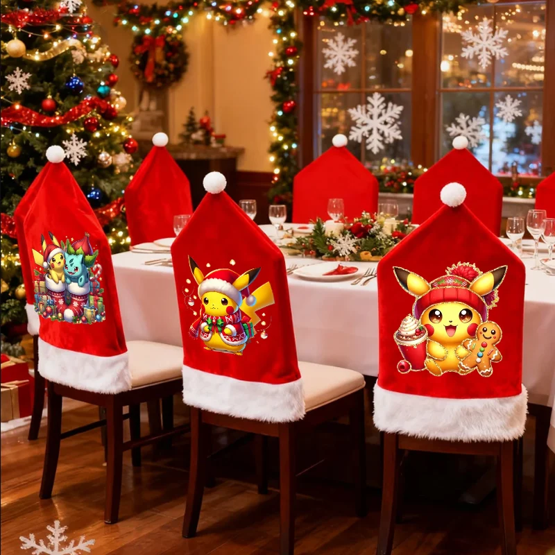 

Pokemons Christmas Chair Cover Holiday Party Home Decor Kitchen and Living Room Chair Protective Cover Cartoon Anime Seat Cover