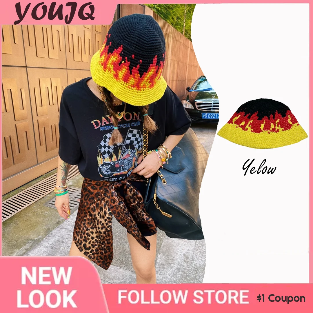 

Y2K Japanese Niche Flame Bucket Hat Design Handmade Crochet Matching Panama Caps for Men Street Sunshade Women's Hats Gorras