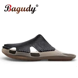 Men Slippers Genuine Leather Summer Men Shoes Soft  Breathable Leather Sandals Men Flat Slippers Comfortable Non-slip Slippers