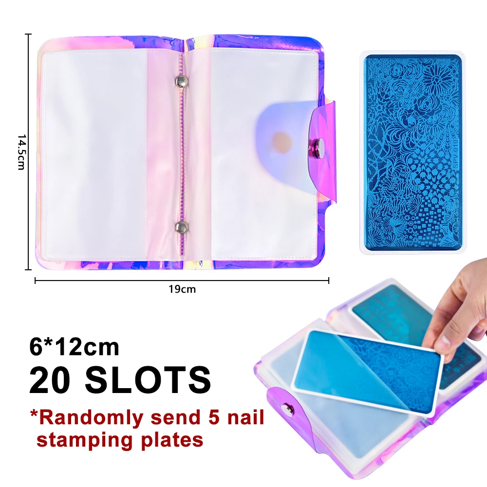 20 Slots 6*12cm Nail Art Stamping Plate Holder Rectangular nail Template Storage Organizer & RANDOM 5 Templates, Nail Plate Case