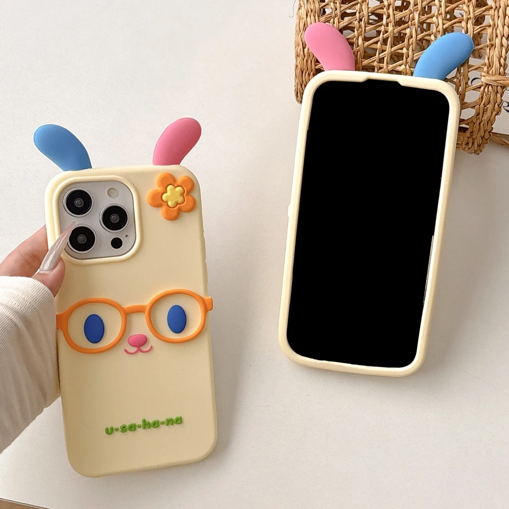 Мягкий силиконовый чехол для телефона с 3D милым мультяшным красочным кроликом, противоударная задняя крышка, совместимая с iPhone 12/13/14/15/16 pro Max