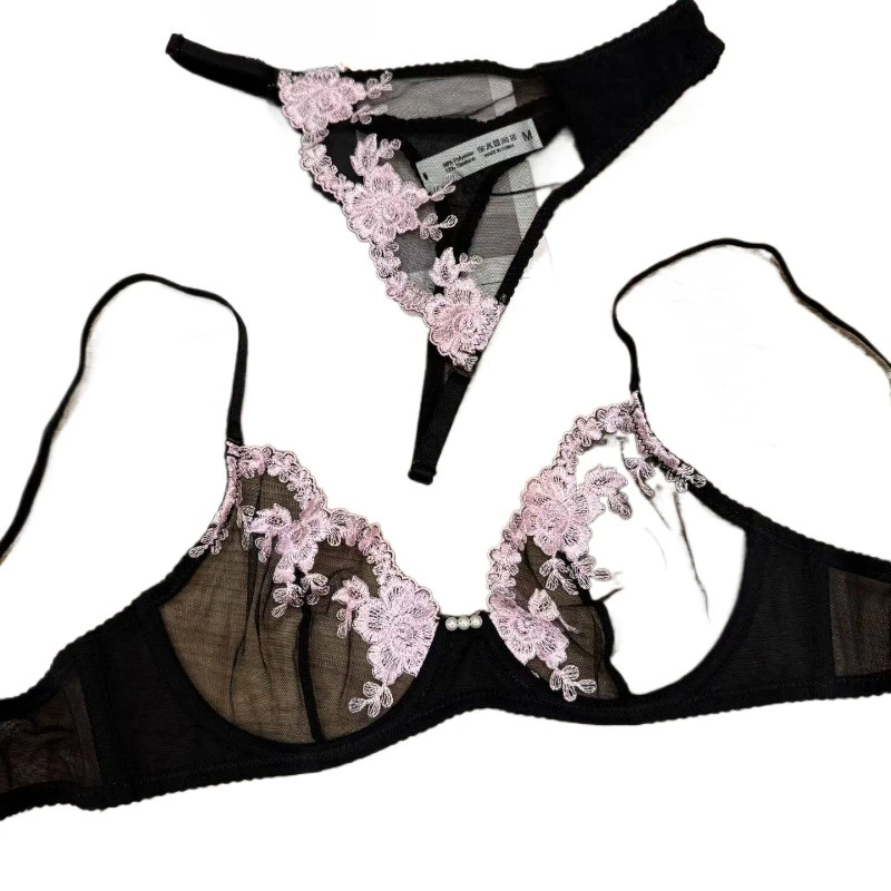 Conjunto de Lencería Femenina de Encaje Ultrafino Bordado, Sujetador Push-Up Sin Costuras, Cómodo, Estilo Bolos Quentes