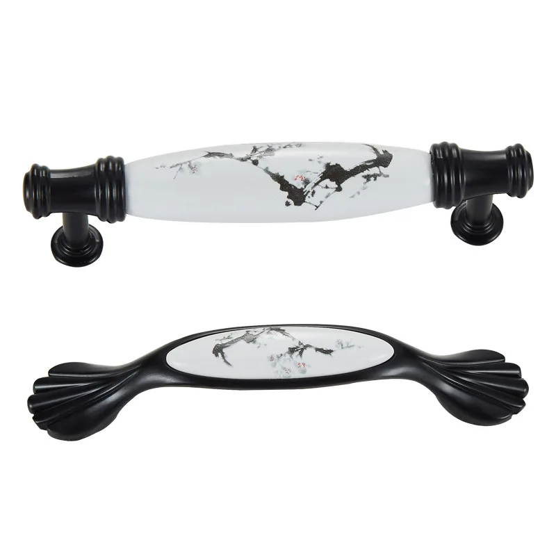 Landscape Painting Black Ceramic Zinc Alloy Cabinet Handles Drawer Knobs Plum Blossom Asian Style Small Pulls