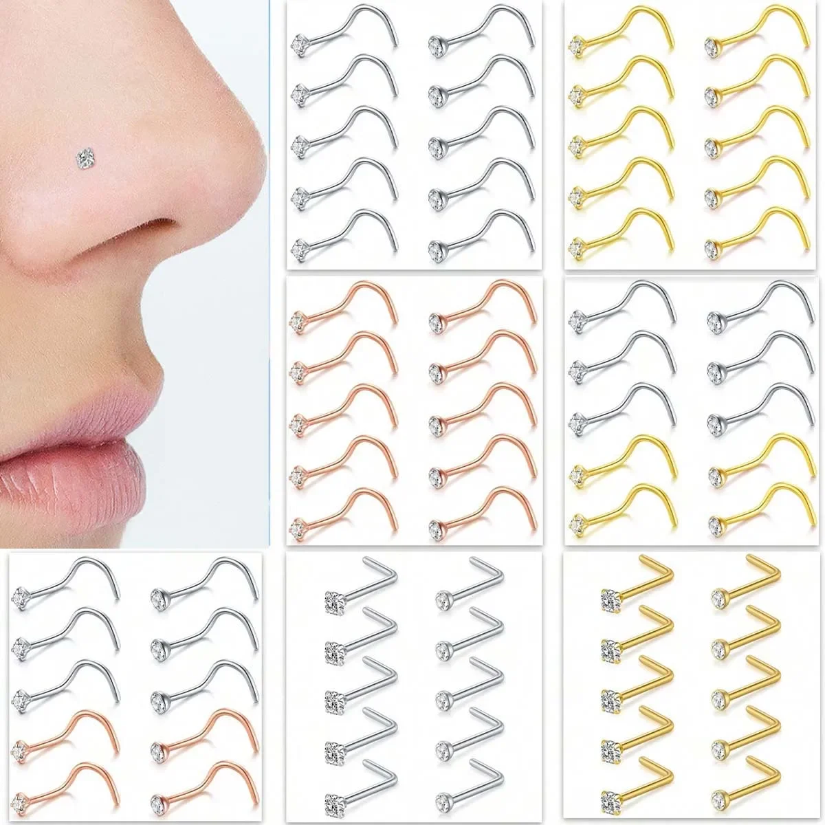 10Pcs Nose Studs Nose Rings for Women 18G 20G L Shaped Corkscrew Nose Ring Stainless Steel Nose Screw Studs Nose Rings