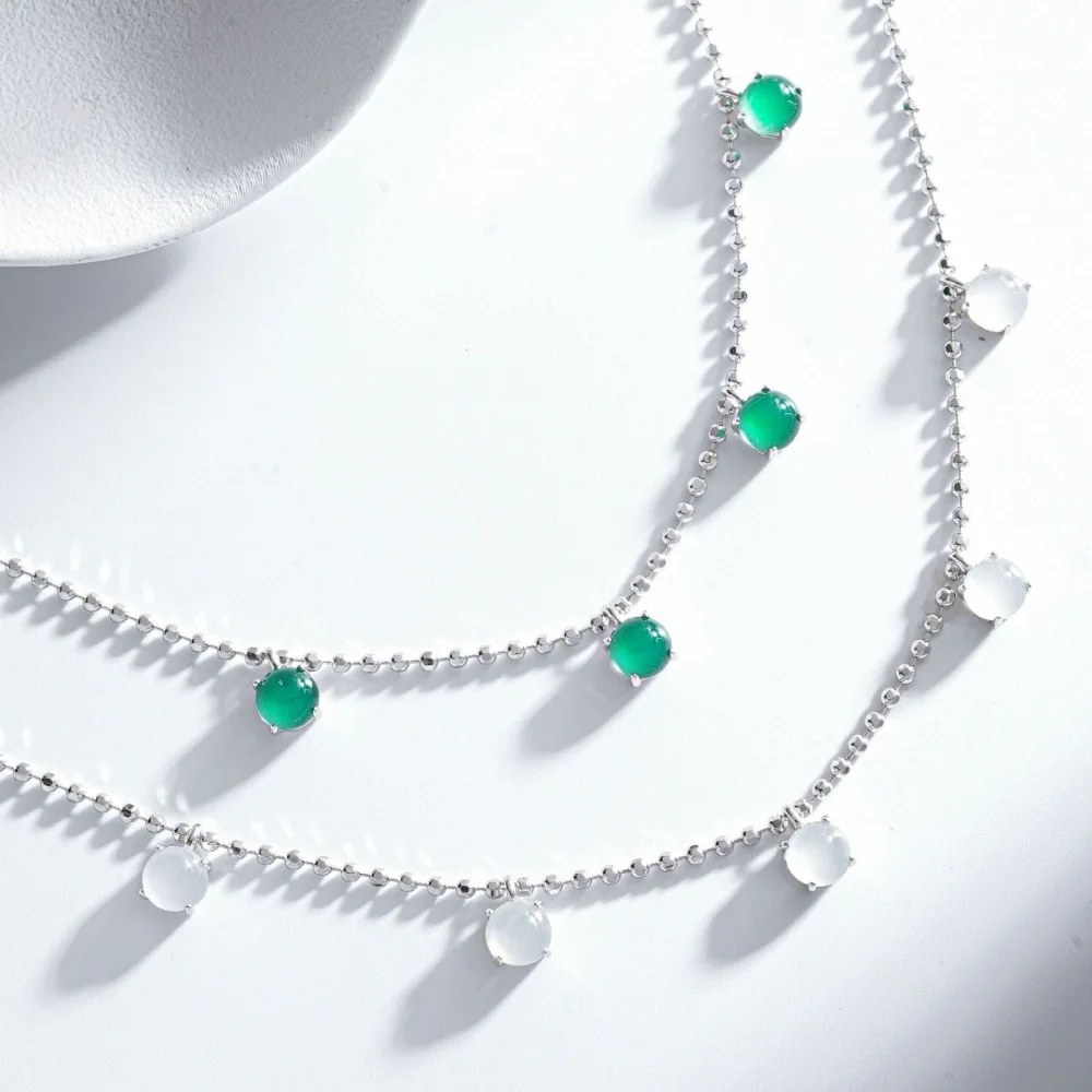 PT950 platinum jadeite necklace - female pearl chain with white agate and green agate pendant