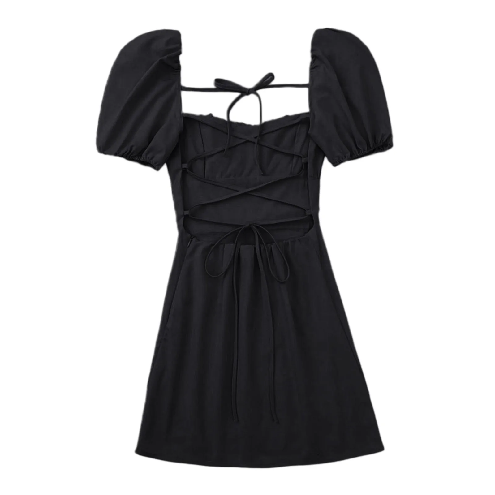 

Summer Dresses For Women 2024 Elegant Slim Square Neck Bubble Sleeve Shrink Pleated Chest Strapless Mini Dress Платье Женское