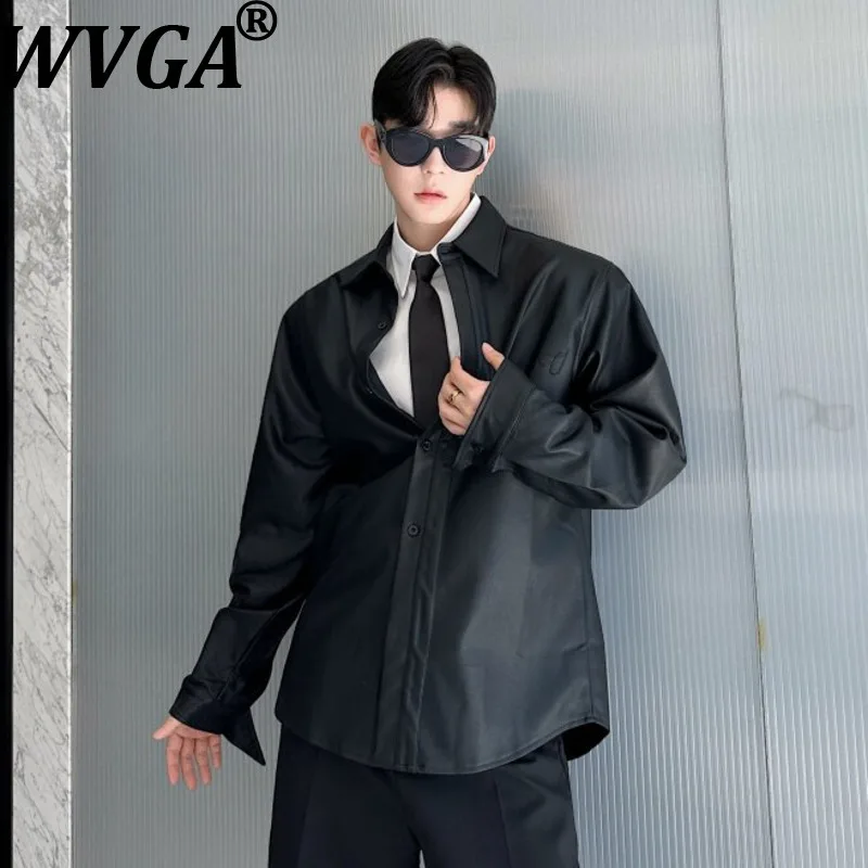 

WVGA весна осень новые мужские модные кожаные рубашки с отложным воротником и длинными рукавами, нишевые шикарные повседневные топы, уличная одежда W17408
