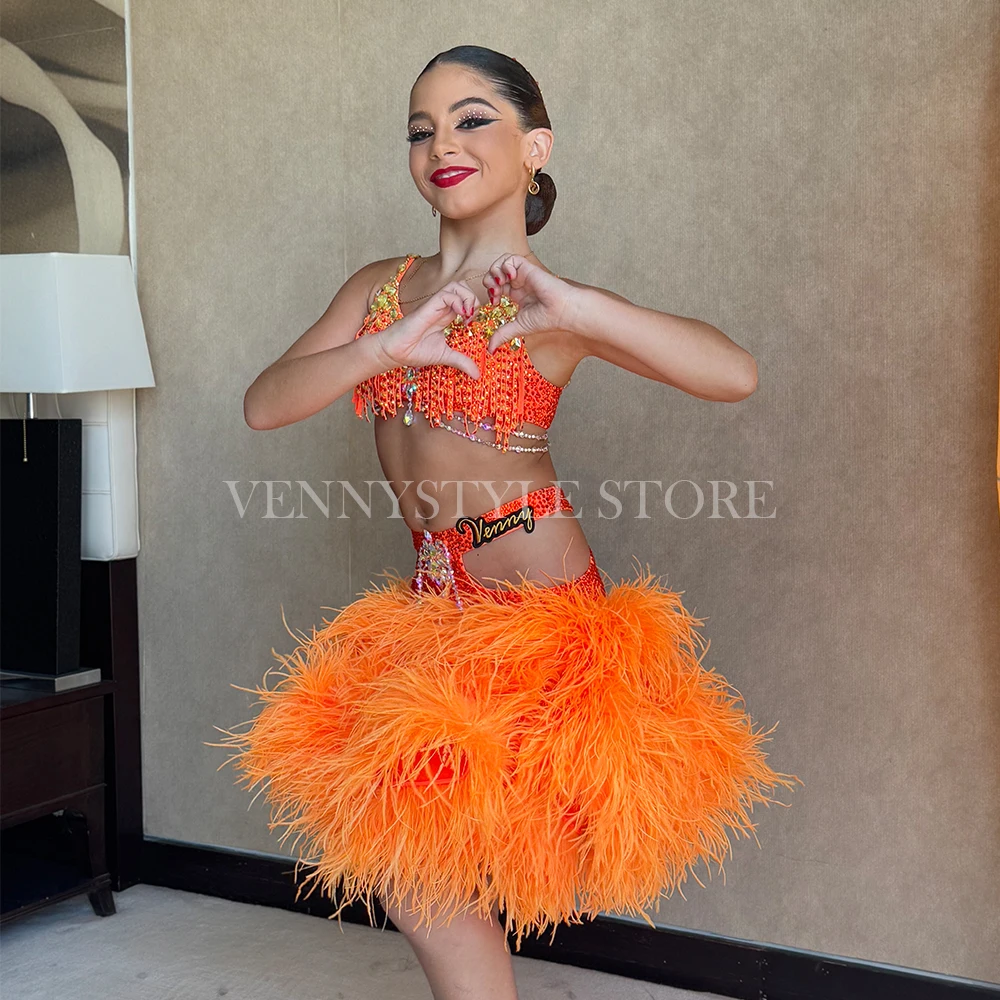 

Vennystyle Latin Stage Costume Women Competition Feather Skirt Rhinestone Trim Spaghetti Straps Vibrant Orange Ballroom