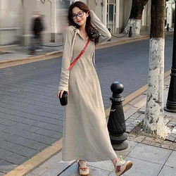 Fashion Solid Color Zipper Folds Lace Up Hooded Casual Dresses Women's Clothing Autumn Winter Loose Commuter Long Dress